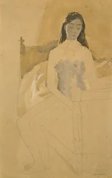 Selbstporträt, nackt, auf einem Bett sitzend